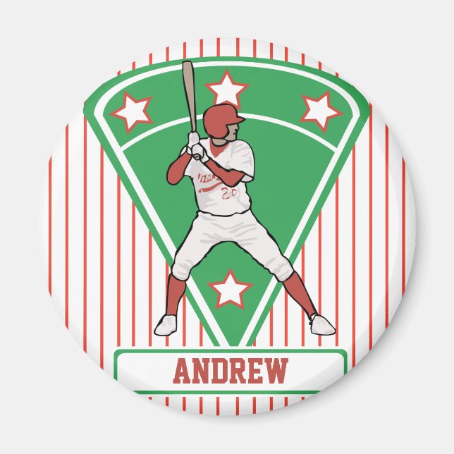 Personalized Baseball Batter Star Red Magnet (Front)