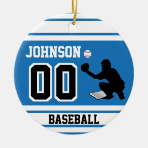 Personalized Baseball Catcher   Blue and White Ceramic Ornament