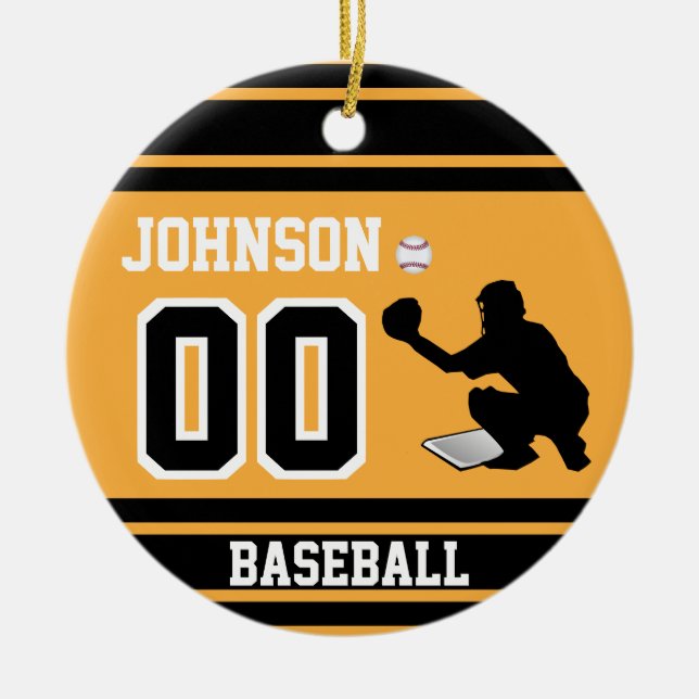 Personalized Baseball Catcher | Gold and Black Ceramic Ornament (Front)