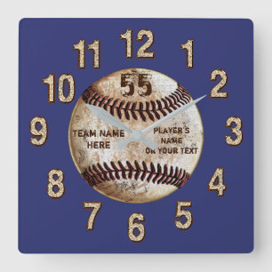 Personalized Baseball Clock, YOUR TEXT and COLORS Square Wall Clock