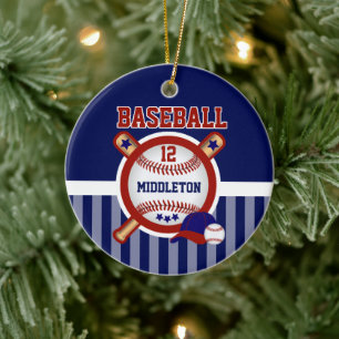 Personalized Baseball Dark Blue and Red Ceramic Ornament