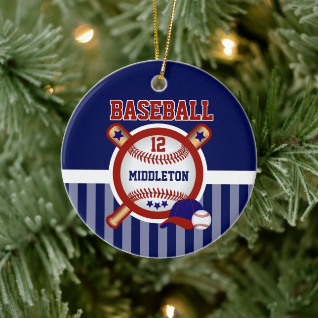 Personalized Baseball | Dark Blue and Red Ceramic Ornament (Tree)