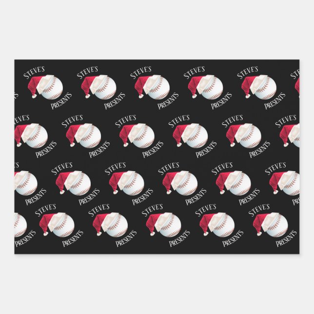 Personalized Baseball Happy Christmas Holiday Wrapping Paper Sheet (Front)