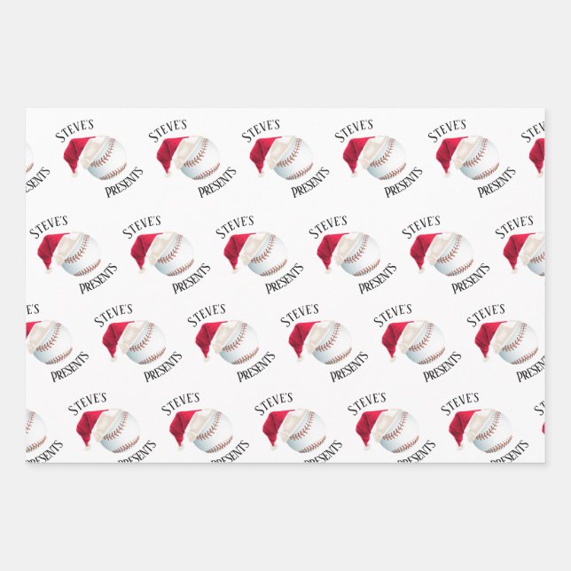 Personalized Baseball Happy Christmas Holiday Wrapping Paper Sheet (Front)