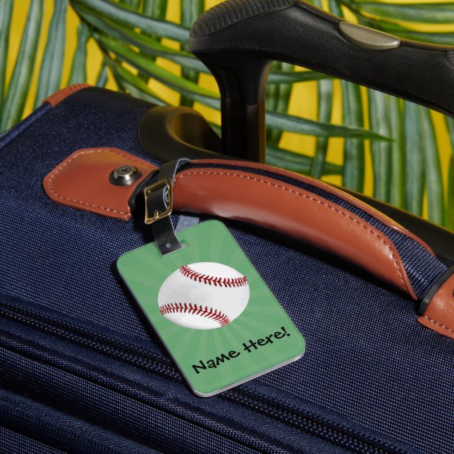 Personalized Baseball on Green Kids Boys Luggage Tag (Front Insitu 1)