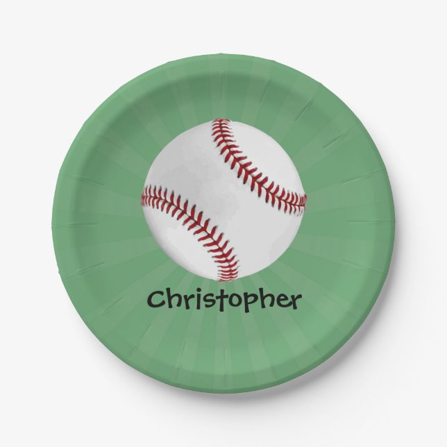 Personalized Baseball on Green Kids Boys Paper Plate (Front)