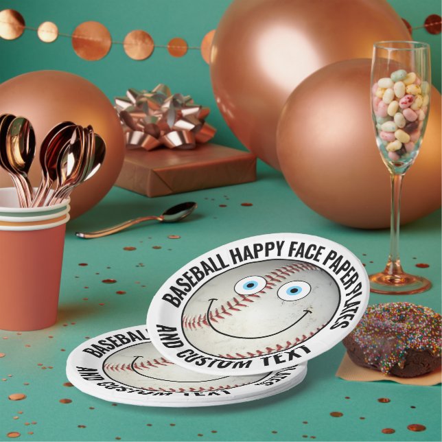 Personalized Baseball Party BLUE EYES Happy Face Paper Plate (Multi)