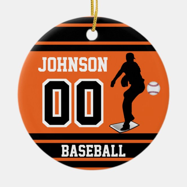 Personalized Baseball Pitcher | Orange and Black Ceramic Ornament (Front)