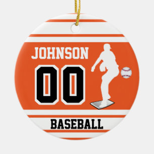 Personalized ⚾ Baseball Pitcher   Orange & White Ceramic Ornament