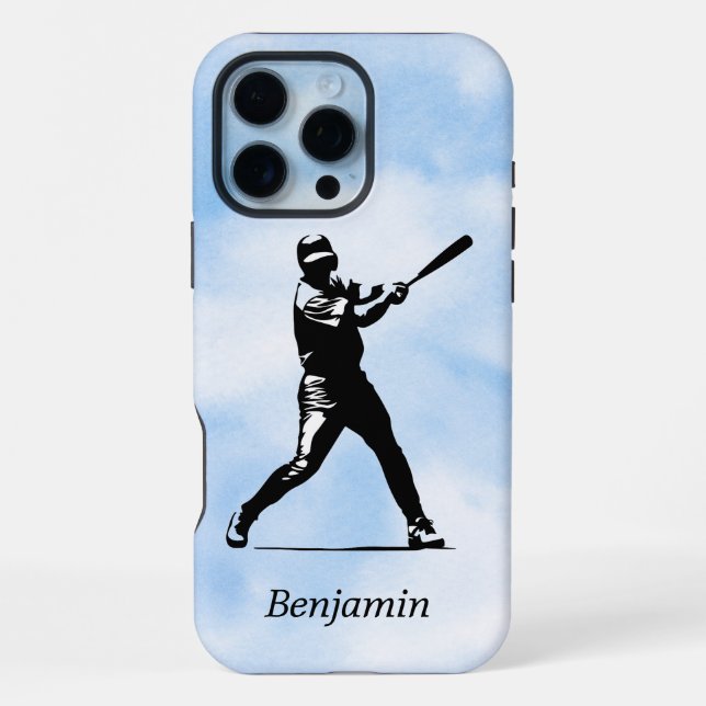 Personalized Baseball Player Silhouette Blue Sky iPhone Case (Back)