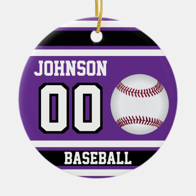 Personalized Baseball | Purple, White and Black Ceramic Ornament (Front)
