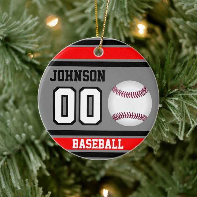 Personalized Baseball | Red, Grey and Black  Ceramic Ornament (Tree)