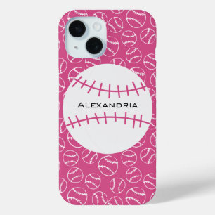 Personalized Baseball Softball Pattern on Pink iPhone 15 Case
