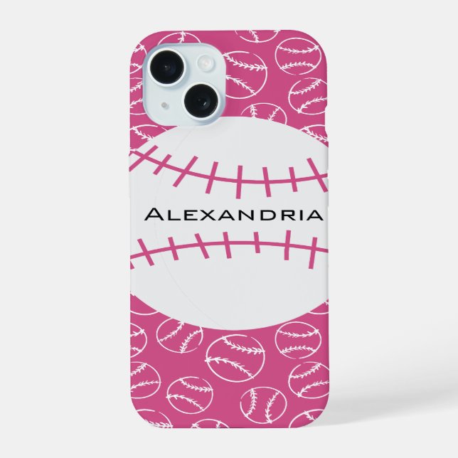 Personalized Baseball Softball Pattern on Pink iPhone 15 Case (Back)