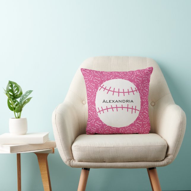 Personalized Baseball Softball Pattern on Pink Throw Pillow (Chair)