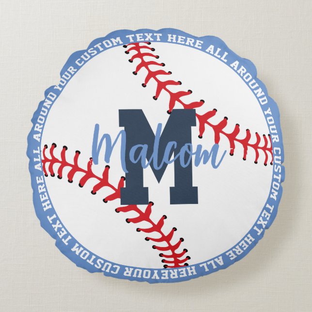 Personalized Baseball Sports Kids Blue Round Pillow (Front)