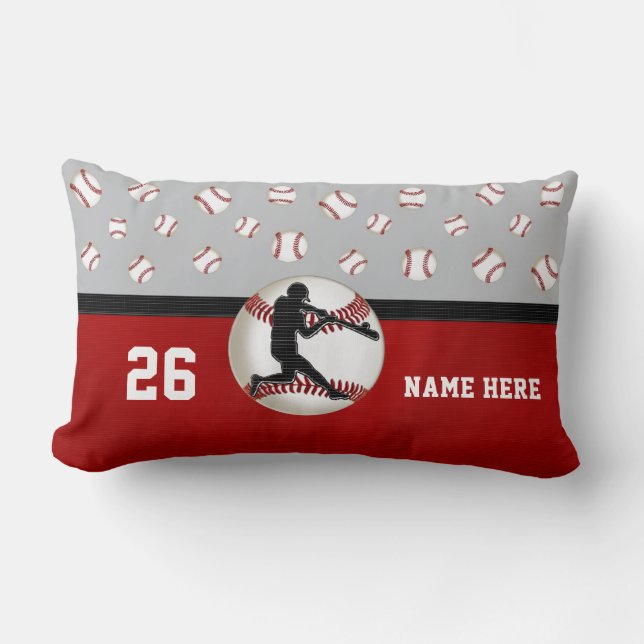 Personalized Baseball Throw Pillow, Red, Grey Lumbar Pillow (Front)