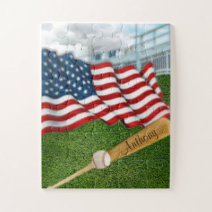 Personalized Baseball with American Flag Jigsaw Pu Puzzle