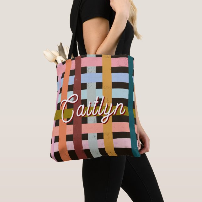 Personalized Basket Weave Roller Stripes Tote Bag (Close Up)