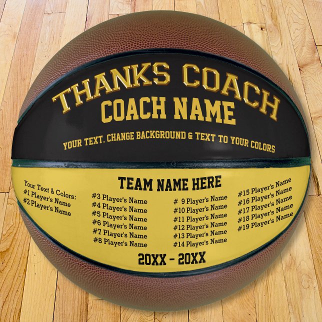 Personalized Basketball, All Players, Coach Names Basketball (Personalized Basketball for Coach, with all basketball players names. Coach Basketball. Black, Gold.)