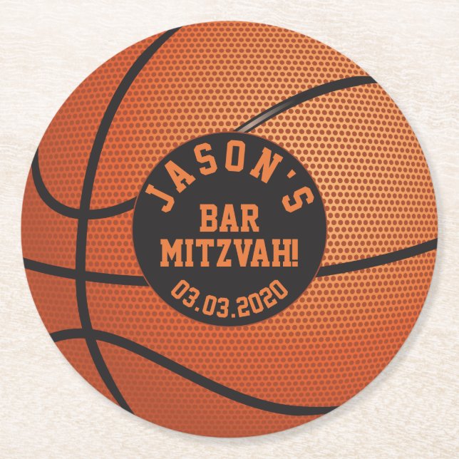 Personalized Basketball Bar Mitzvah Orange Black Round Paper Coaster (Front)