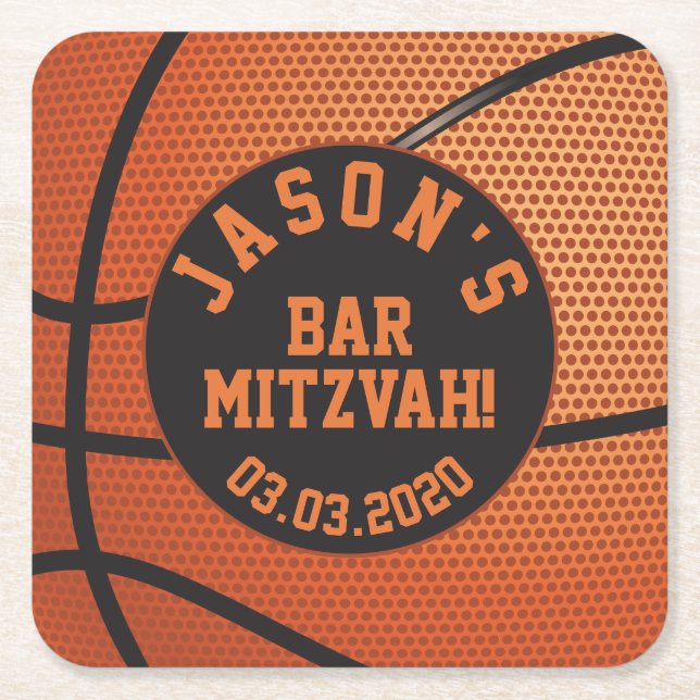 Personalized Basketball Bar Mitzvah Orange Black Square Paper Coaster (Front)