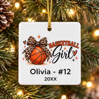Personalized Basketball Girl Leopard Bow Christmas Ceramic Ornament