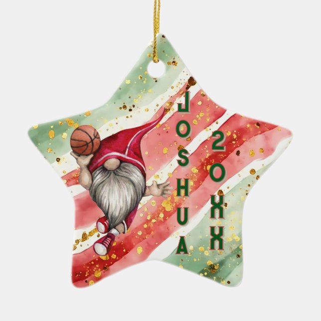 Personalized Basketball Gnome Christmas Ceramic Ornament (Front)
