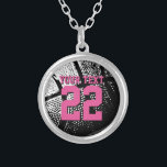 Personalized basketball jersey number necklace<br><div class="desc">Custom basketball necklace with jersey number. Personalized jewellery for basketball coach, player and fan. Personalizable with team name, quote, slogan, monogram and jersey number. Cute sports birthday gift idea for basketball girls. Make one for female coach, teammates, mom, wife, teen sister, sporty girlfriend etc. Girly neon pink font colour with...</div>