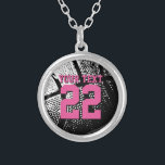 Personalized basketball jersey number necklace<br><div class="desc">Custom basketball necklace with jersey number. Personalized jewellery for basketball coach, player and fan. Personalizable with team name, quote, slogan, monogram and jersey number. Cute sports birthday gift idea for basketball girls. Make one for female coach, teammates, mom, wife, teen sister, sporty girlfriend etc. Girly neon pink font colour with...</div>