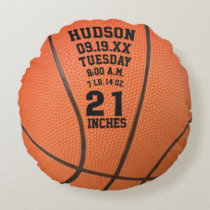 Personalized Basketball Name and Baby Stats Round Pillow