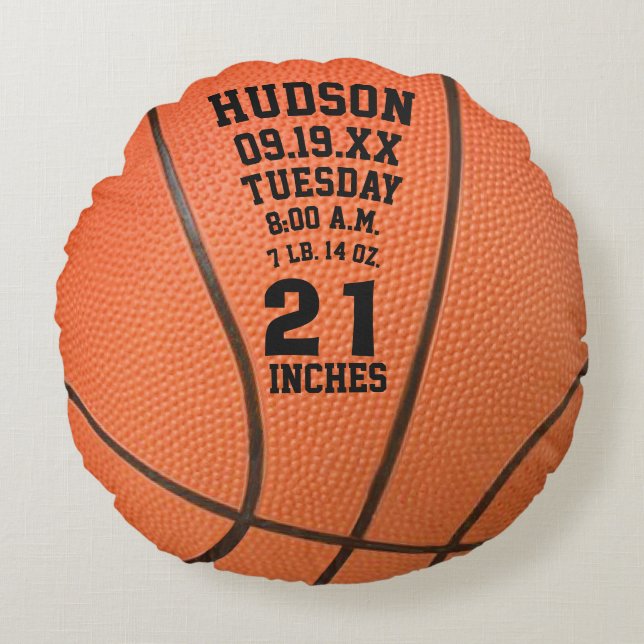 Personalized Basketball Name and Baby Stats Round Pillow (Front)