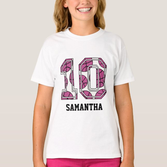 Personalized Basketball Number 10 Pink and White T-Shirt (Front)