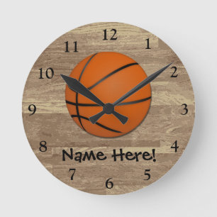 Personalized Basketball Wood Floor Round Clock