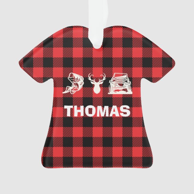 Personalized Bass Bucks Trucks Fishing Red Plaid Ornament (Front)