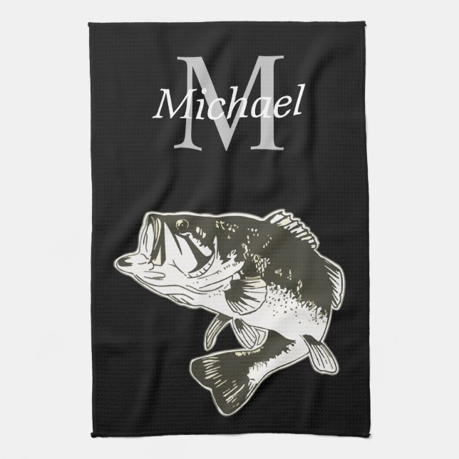 Personalized Bass Fishing Monogram Outdoors Rustic Kitchen Towel (Vertical)