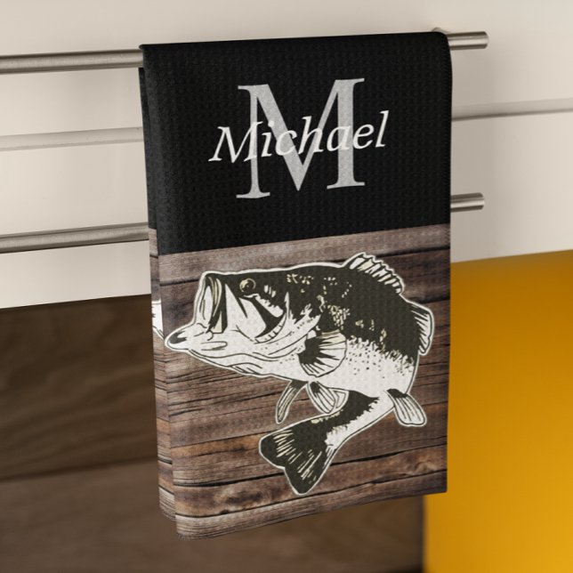 Personalized Bass Fishing Monogram Outdoors Rustic Kitchen Towel (Cool Largemouth Bass Fishing Bar or Kitchen Towel for the Cook or Bartender )