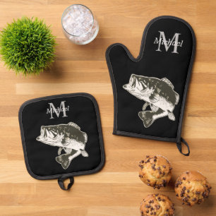 Personalized Bass Fishing Monogram Outdoors Rustic Oven Mitt & Pot Holder Set