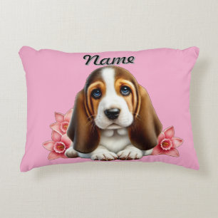 Personalized Basset Hound Puppy With Flowers Accent Pillow