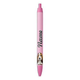 Personalized Basset Hound Puppy With Flowers Blue Ink Pen