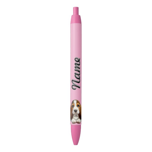 Personalized Basset Hound Puppy With Flowers Blue Ink Pen (Front Vertical)