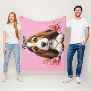 Personalized Basset Hound Puppy With Flowers Fleece Blanket