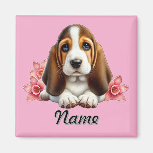 Personalized Basset Hound Puppy With Flowers Magnet