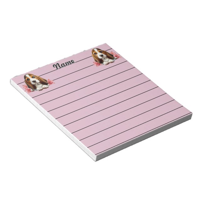 Personalized Basset Hound Puppy With Flowers Notepad (Angled)