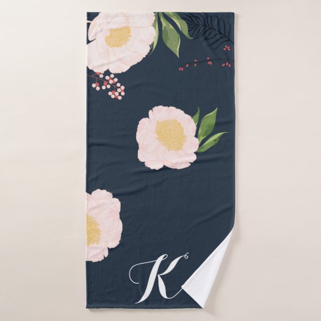 Personalized Bath Towel Baby Pink Cosmos on Navy (Bath Towel)