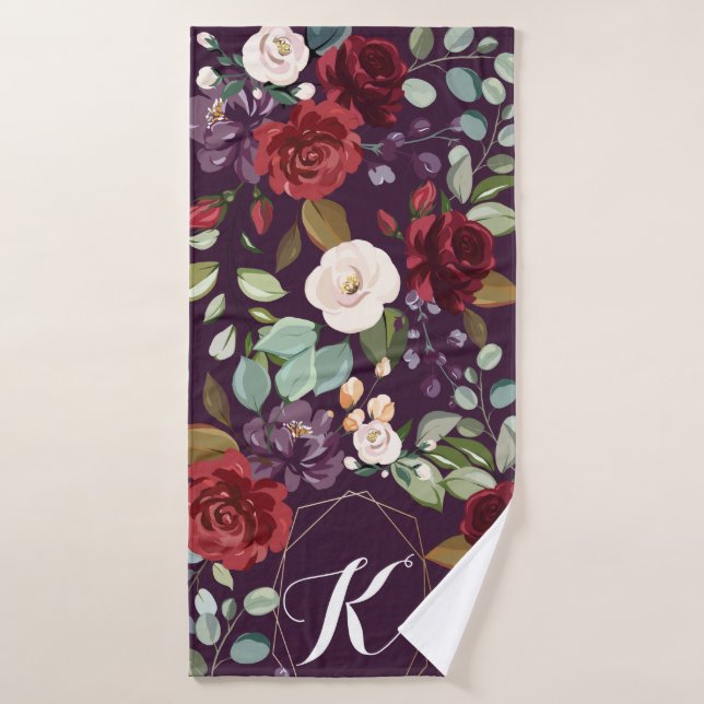 Personalized Bath Towel Plum Purple Roses Gold Geo (Bath Towel)