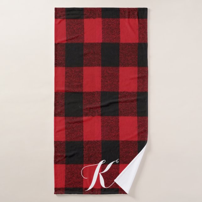 Personalized Bath Towel Red Buffalo Plaid Bear Bla (Bath Towel)