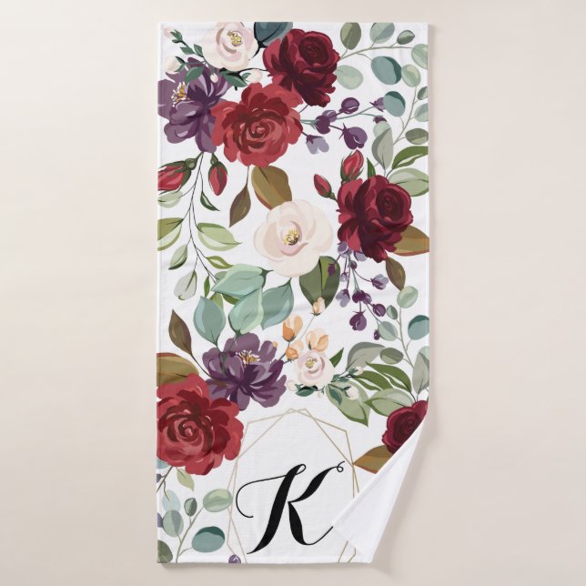 Personalized Bath Towel White Roses Gold Geometric (Bath Towel)