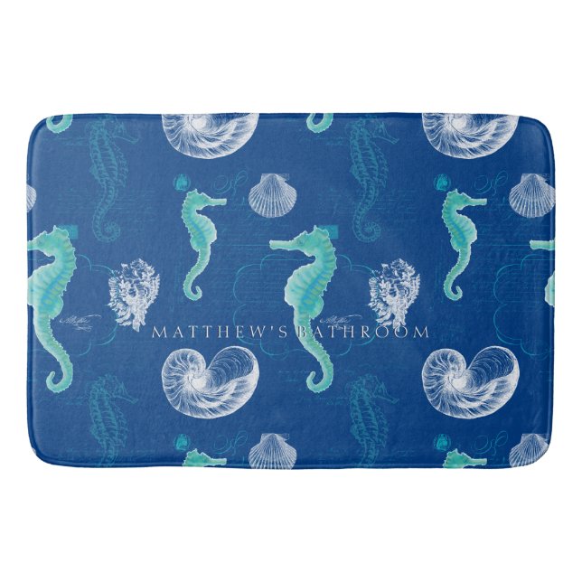 Personalized Bathroom Decor Seahorse Shells Beach Bath Mat (Front)