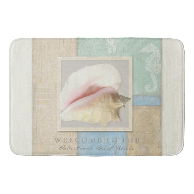 Personalized Bathroom Wooden Beach House Seashell Bath Mat (Front)